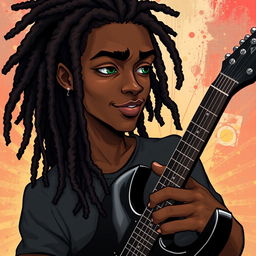 An illustration of a young Black man in his twenties with long, dark brown dreadlocks