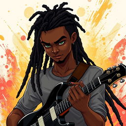 An illustration of a young Black man in his twenties with long, dark brown dreadlocks