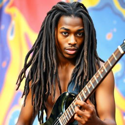 A young Black man in his twenties with long, dark brown dreadlocks cascading down