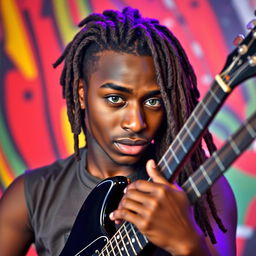 A young Black man in his twenties with long, dark brown dreadlocks cascading down