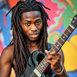 A young Black man in his twenties with long, dark brown dreadlocks cascading down