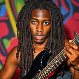 A young Black man in his twenties with long, dark brown dreadlocks cascading down