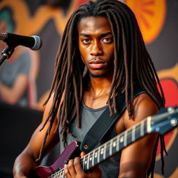 A young Black man in his twenties with long, dark brown dreadlocks flowing down