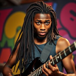 A young Black man in his twenties with long, dark brown dreadlocks flowing down