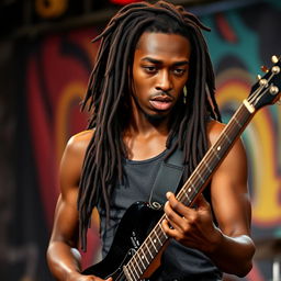 A young Black man in his twenties with long, dark brown dreadlocks flowing down