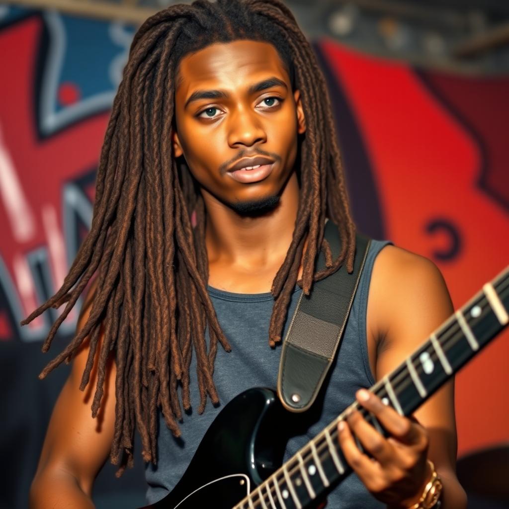 A young Black man in his twenties with long, dark brown dreadlocks flowing down