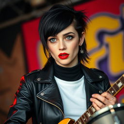 A young woman in her twenties with medium-length black hair styled in a mullet, showcasing a unique and edgy look