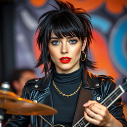 A young woman in her twenties with medium-length black hair styled in a mullet, showcasing a unique and edgy look