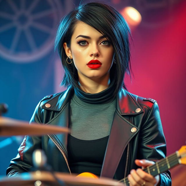 A young woman in her twenties with medium-length black hair styled in a mullet, showcasing a unique and edgy look