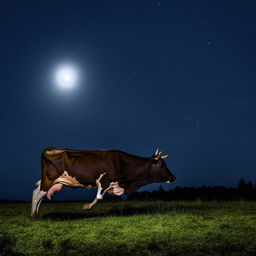 A nice healthy cow gracefully arcing over a brightly lit full moon against a star-filled night sky