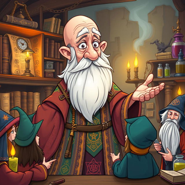 A whimsical and detailed illustration of an old, balding wizard who is a master at training other wizards