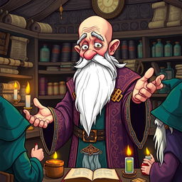 A whimsical and detailed illustration of an old, balding wizard who is a master at training other wizards