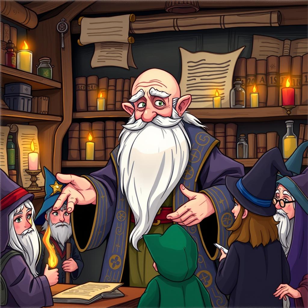 A whimsical and detailed illustration of an old, balding wizard who is a master at training other wizards