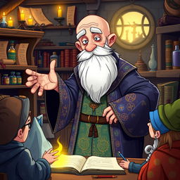 A whimsical and detailed illustration of an old, balding wizard who is a master at training other wizards