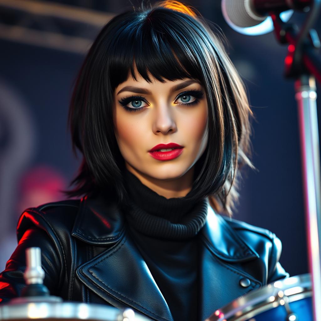 A young woman in her twenties with medium-length black mullet hairstyle, fair skin, rounded gray-blue eyes, long eyelashes, a cute upturned nose, and freckles on her cheeks and nose