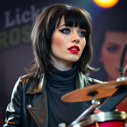 A young woman in her twenties with medium-length black mullet hairstyle, fair skin, rounded gray-blue eyes, long eyelashes, a cute upturned nose, and freckles on her cheeks and nose