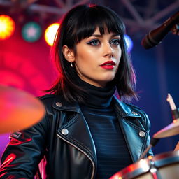 A young woman in her twenties with medium-length black mullet hairstyle, fair skin, rounded gray-blue eyes, long eyelashes, a cute upturned nose, and freckles on her cheeks and nose