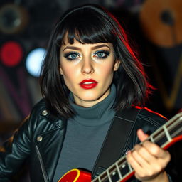 A young woman in her twenties with medium-length black mullet hairstyle, fair skin, rounded gray-blue eyes, long eyelashes, a cute upturned nose, and freckles on her cheeks and nose