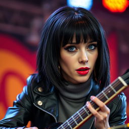 A young woman in her twenties with medium-length black mullet hairstyle, fair skin, rounded gray-blue eyes, long eyelashes, a cute upturned nose, and freckles on her cheeks and nose