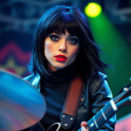 A young woman in her twenties with medium-length black mullet hairstyle, fair skin, rounded gray-blue eyes, long eyelashes, a cute upturned nose, and freckles on her cheeks and nose