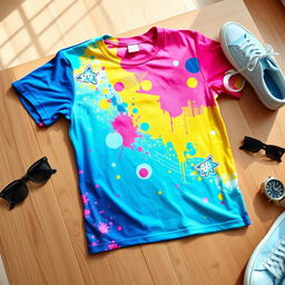 A stylish, colorful graphic t-shirt design featuring a vibrant, abstract pattern with splashes of blue, pink, and yellow