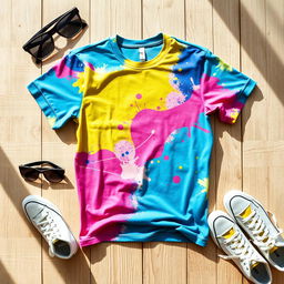 A stylish, colorful graphic t-shirt design featuring a vibrant, abstract pattern with splashes of blue, pink, and yellow