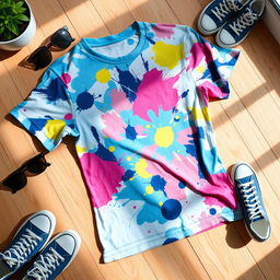 A stylish, colorful graphic t-shirt design featuring a vibrant, abstract pattern with splashes of blue, pink, and yellow