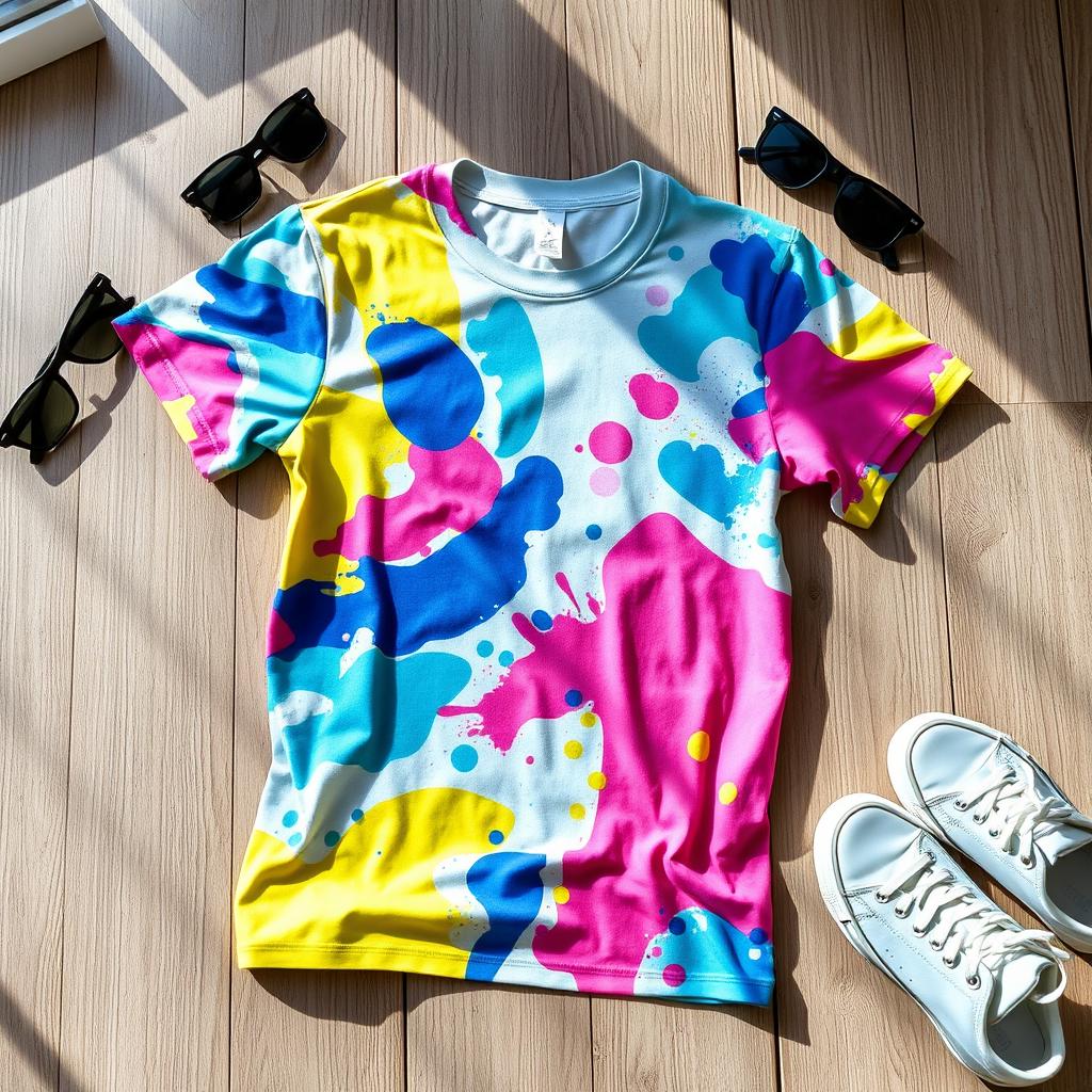 A stylish, colorful graphic t-shirt design featuring a vibrant, abstract pattern with splashes of blue, pink, and yellow