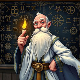 A vibrant character illustration of an old, balding wizard standing confidently in front of a large blackboard filled with intricate magical runes and sigils