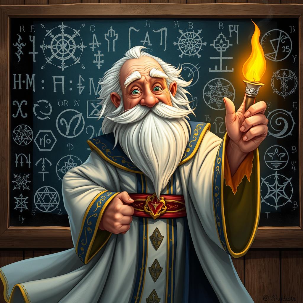 A vibrant character illustration of an old, balding wizard standing confidently in front of a large blackboard filled with intricate magical runes and sigils