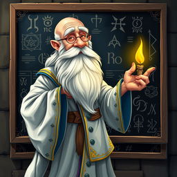 A vibrant character illustration of an old, balding wizard standing confidently in front of a large blackboard filled with intricate magical runes and sigils