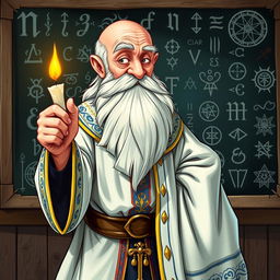 A vibrant character illustration of an old, balding wizard standing confidently in front of a large blackboard filled with intricate magical runes and sigils