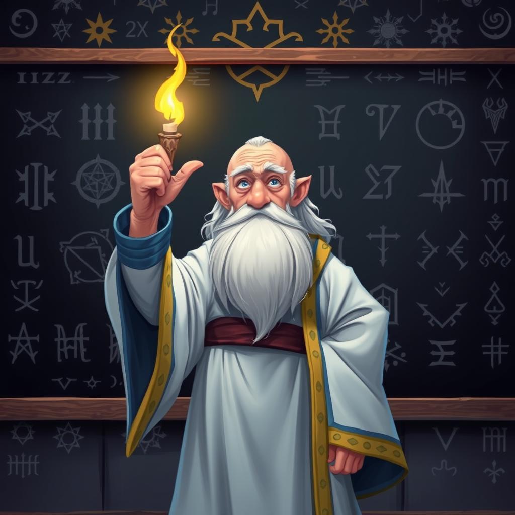 A captivating character illustration of an old, balding wizard standing proudly in front of a blackboard that is intricately covered with magical runes and sigils