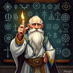 A captivating character illustration of an old, balding wizard standing proudly in front of a blackboard that is intricately covered with magical runes and sigils