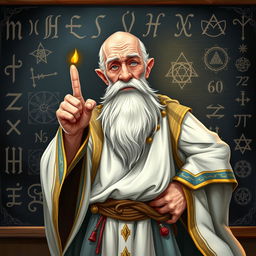 A captivating character illustration of an old, balding wizard standing proudly in front of a blackboard that is intricately covered with magical runes and sigils