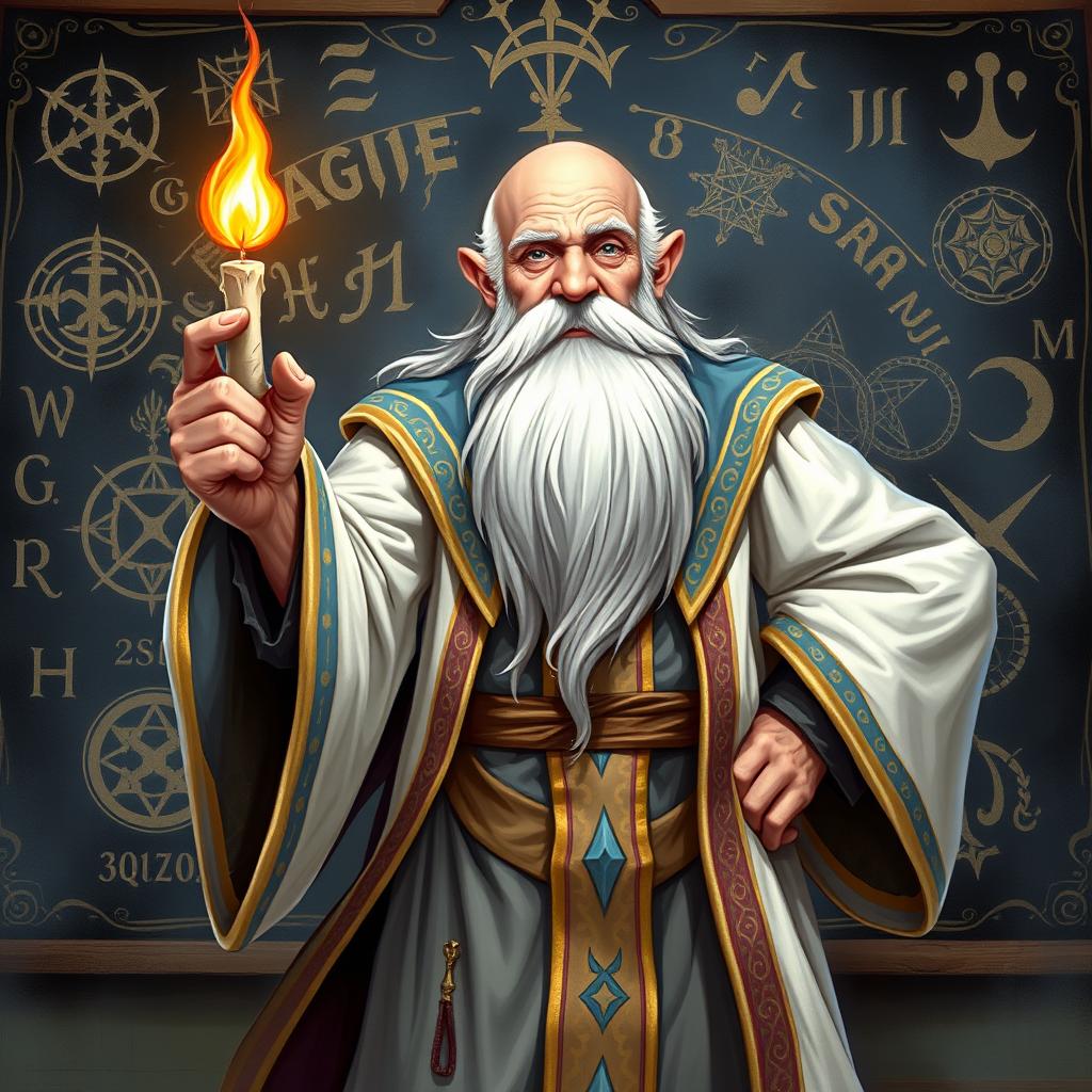 A captivating character illustration of an old, balding wizard standing proudly in front of a blackboard that is intricately covered with magical runes and sigils