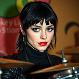 A young woman in her twenties with medium-length black mullet hairstyle, fair skin, rounded gray-blue eyes, long eyelashes, a cute upturned nose, and freckles adorning her cheeks and nose