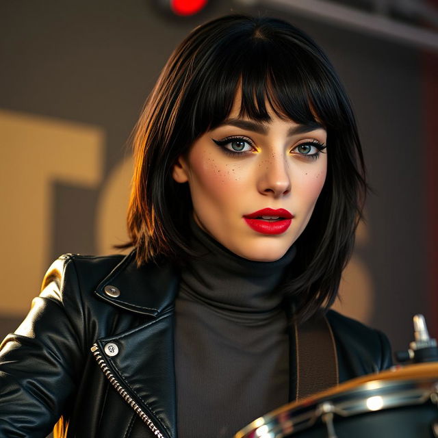 A young woman in her twenties with medium-length black mullet hairstyle, fair skin, rounded gray-blue eyes, long eyelashes, a cute upturned nose, and freckles adorning her cheeks and nose