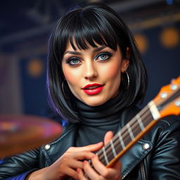 A young woman in her twenties with medium-length black mullet hairstyle, fair skin, rounded gray-blue eyes, long eyelashes, a cute upturned nose, and freckles adorning her cheeks and nose