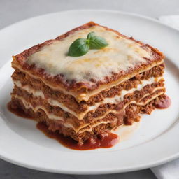 A perfectly layered lasagna with bubbling cheese, rich red sauce and pastorally cooked noodles, served on a pristine white plate.