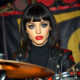 A young woman in her twenties with medium-length black mullet hairstyle, fair skin, rounded gray-blue eyes, long eyelashes, a cute upturned nose, and freckles on her cheeks and nose