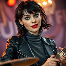 A young woman in her twenties with medium-length black mullet hairstyle, fair skin, rounded gray-blue eyes, long eyelashes, a cute upturned nose, and freckles on her cheeks and nose