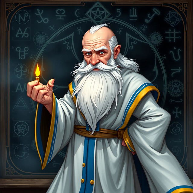 A dynamic character illustration of an old, balding wizard standing in front of a blackboard filled with intricate magical runes and sigils