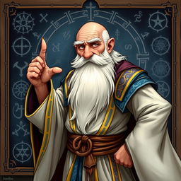 A dynamic character illustration of an old, balding wizard standing in front of a blackboard filled with intricate magical runes and sigils