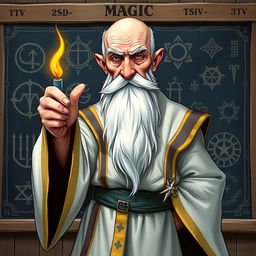 A dynamic character illustration of an old, balding wizard standing in front of a blackboard filled with intricate magical runes and sigils