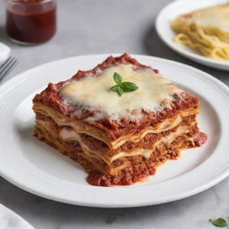 A perfectly layered lasagna with bubbling cheese, rich red sauce and pastorally cooked noodles, served on a pristine white plate.