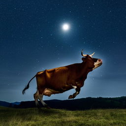 A nice healthy cow gracefully arcing over a brightly lit full moon against a star-filled night sky