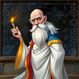 A dynamic character illustration of an old, balding wizard standing in front of a blackboard filled with intricate magical runes and sigils