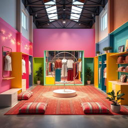 A unique and vibrant warehouse design for showcasing women's anti-fluid uniforms, blouses, and pants