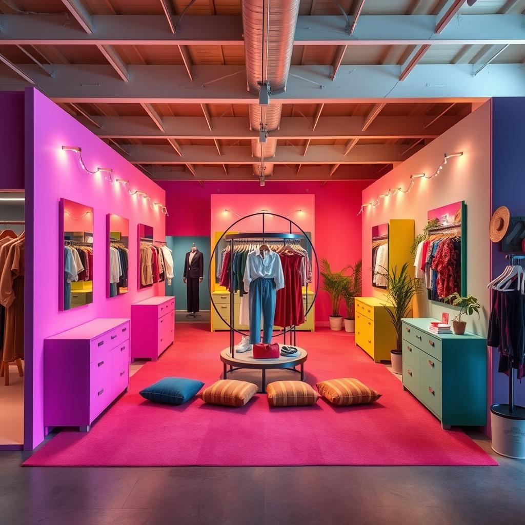 A unique and vibrant warehouse design for showcasing women's anti-fluid uniforms, blouses, and pants